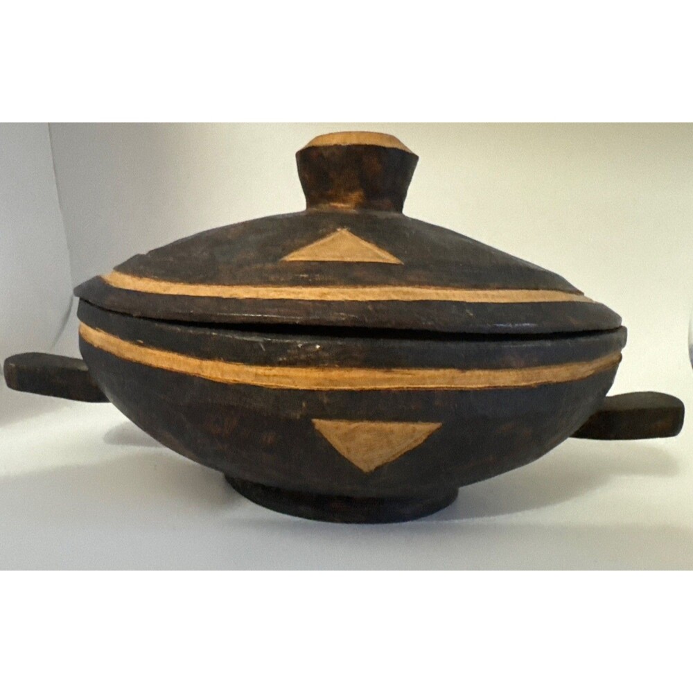 Handcrafted Black and Tan Decorative Lidded Bowl